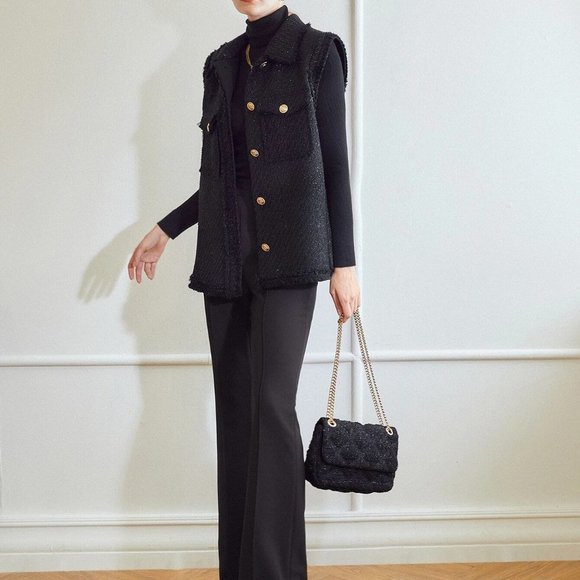 BLACK TRENDY WOMENS WOOL-MIX TWEED GLITTER OVERCOAT - Picture 5 of 5